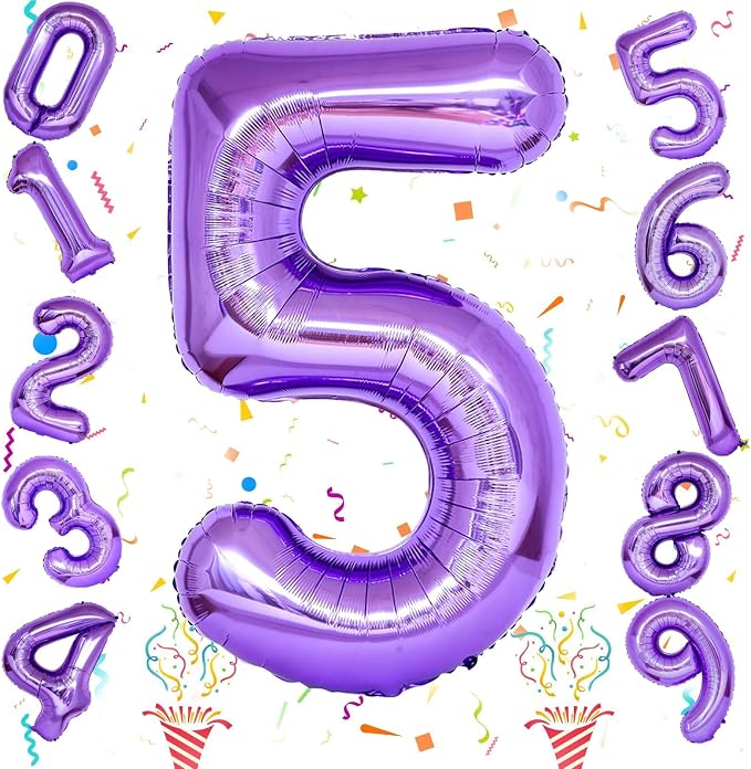 40 Inch Purple Number Balloons, Giant Self Inflating Foil Girls 5th Birthday - Image 8