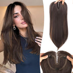 Dark Brown with Caramel Highlights Synthetic Hair Toppers for Women with Thinning 3D 360° Cover Clip in Wispy Bangs Upgraded Adjustable Bandage 18 Inch Long Layered