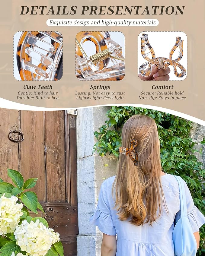 Mesovor 4 Pack Bow Hair Claw Clips for Women, Nonslip 4.3" Large Hair Grip Clawclips for Thin and Thick | Bowknot Hair Strong Hold Hair Jaw Clamps Gifts (Black, Red, Yellow Leopard, White Leopard)