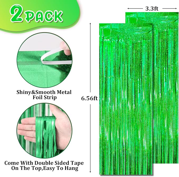 Voircoloria Laser Green Foil Fringe Backdrop Curtains, 2 Pack | Tinsel Streamers - Image 4