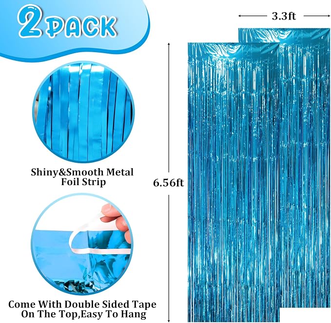 Voircoloria Retro Blue Foil Fringe Backdrop Curtains, 2 Pack | Tinsel Streamers - Image 2