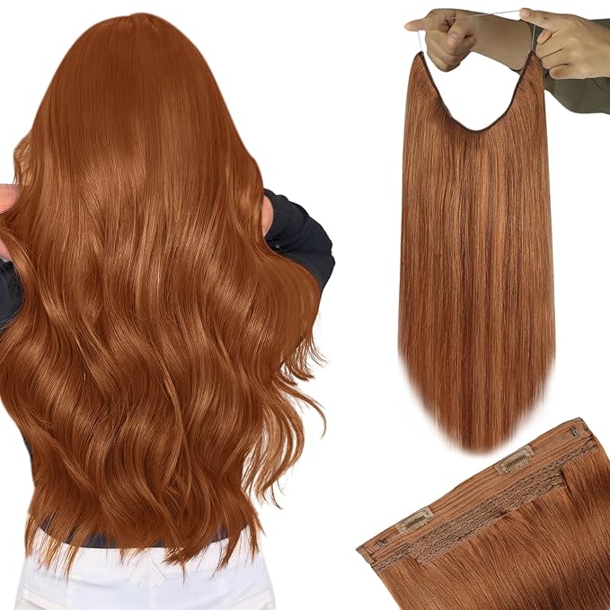 YoungSee Invisible Wire Hair Extensions Copper Color Hair Extensions Wire Light Copper Human Hair Headband Extensions for Women 18inch 80g