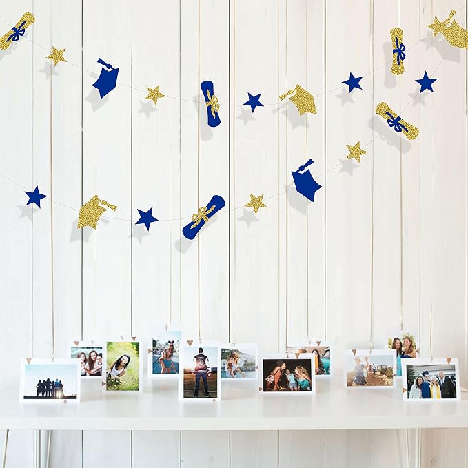 Pinkblume Navy Blue Gold Graduation Hat Diploma Star Garland Banner Bunting - Image 5