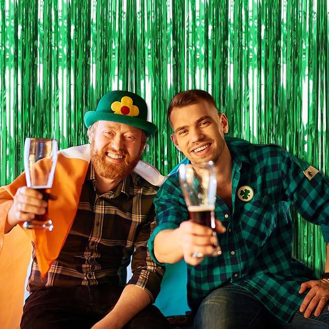 2 Pack Foil Curtain Backdrop Green Metallic Tinsel Foil Fringe Curtains Photo - Image 6