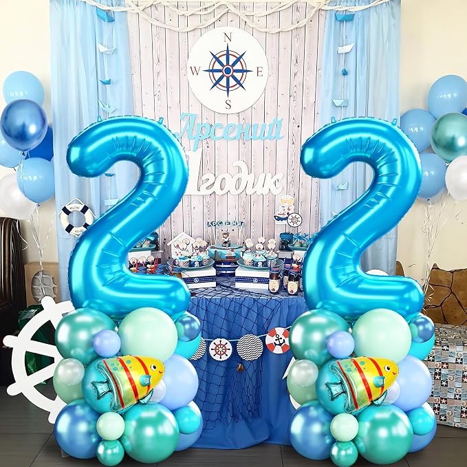 Blue Number 2 Balloon 40 Inch Ocean Under the Sea Number Two Foil Balloons Tower - Image 4