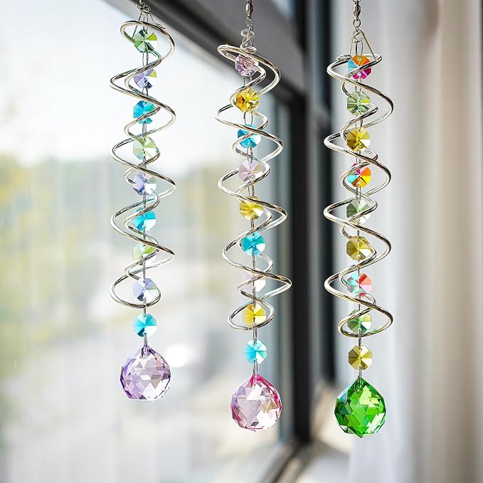 Set of 3 Crystal Suncatcher Spiral Wind Spinner Gazing Ball Decor | Crystal - Image 2