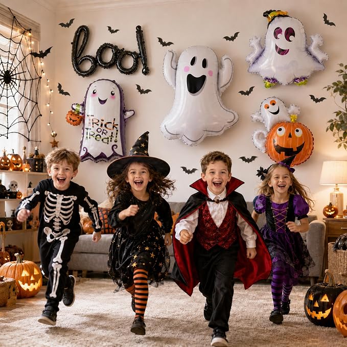 HILAVO 5PCS Halloween Foil Balloons Set, Ghost Pumpkin Boo Balloons Cute Happy - Image 4