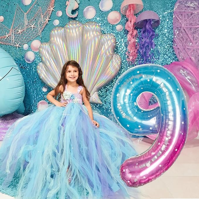 Mermaid Starry Number 9 Balloons, 40 Inch Large Purple Blue Pink Foil Number - Image 5