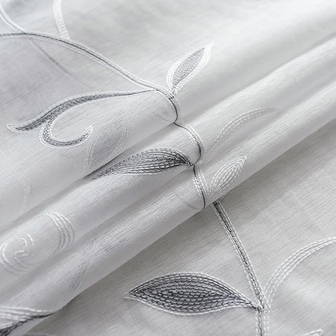 White Sheer Curtains Grey Embroidered Leaves 2 Panels 54Wx108L | Light - Image 6