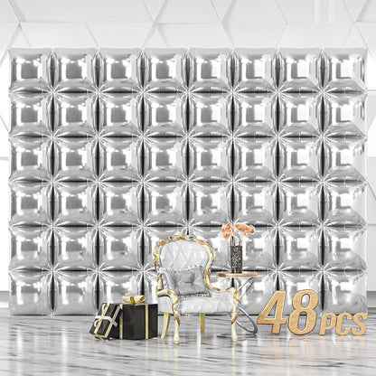 NISOCY 48PCS Metallic Silver Square Foil Balloons Wall Backdrop | Double Sided by NISOCY
