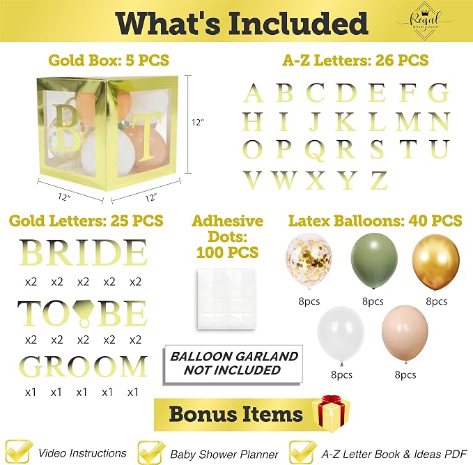 96 PC Bridal Shower Decorations Balloon Boxes Gold- Transparent Block - Image 3