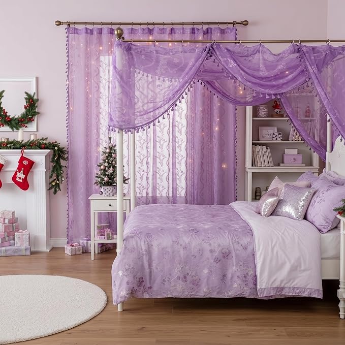 WAZZIO Boho Lace Curtains 84 Inch 2 Panels -Sheer Panel Drape Floral Pattern & - Image 3