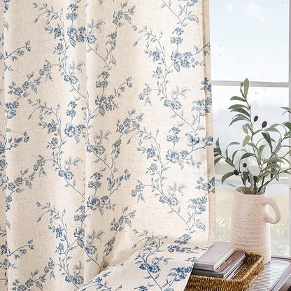 Blue Vintage Floral Linen Curtains Farmhouse 38W X 84L 2 Panels | Elisa Series - Image 8