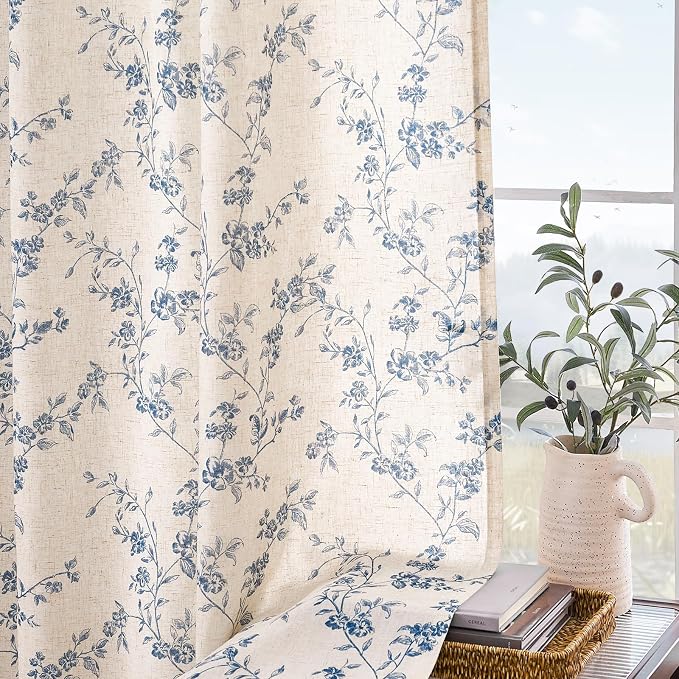 Blue Vintage Floral Linen Curtains Farmhouse 38W X 96L 2 Panels | Elisa Series - Image 8