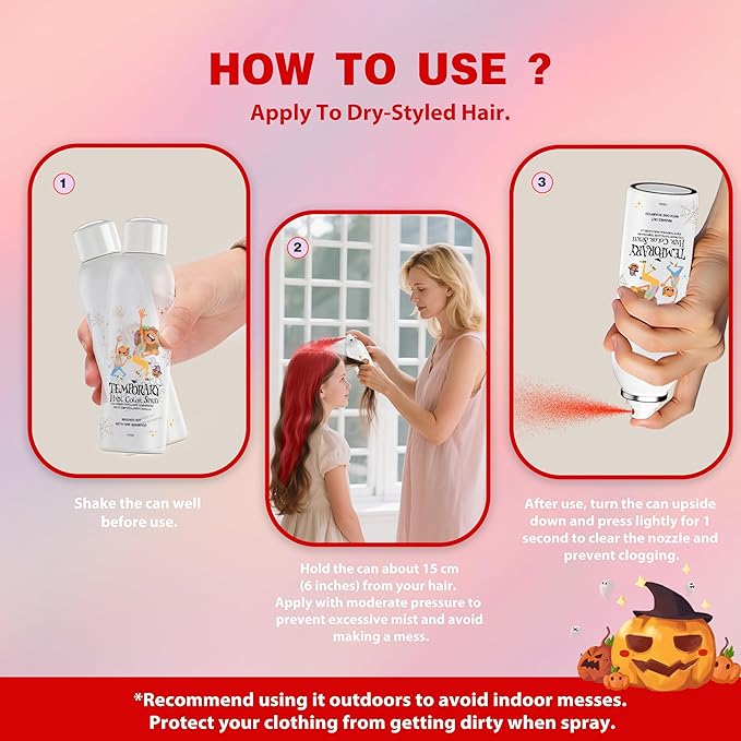 Red Temporary Hair Color Spray for Kids, Silver Instant Colored Hair Dye Alternative for Boys Girls Men Women, Quick Styling for Party Christmas Halloween, Disposable Washable, 150ml