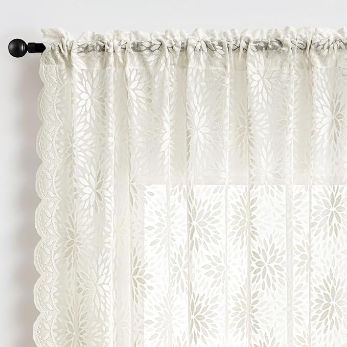 MIULEE Vintage Floral Scalloped Lace Curtains 2 Panels, Ivory 52" W x 63" L | - Image 6