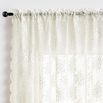 MIULEE Vintage Floral Scalloped Lace Curtains 2 Panels, Ivory 52" W x 36" L | - Image 6