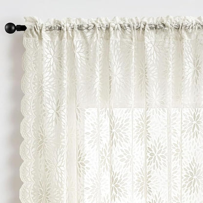 MIULEE Vintage Floral Scalloped Lace Curtains 2 Panels, Ivory 52" W x 84" L | - Image 6
