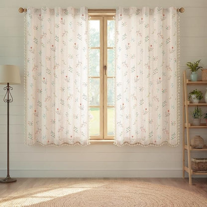 Boho Floral Light Filtering Curtains 63 Inch 2 Panels Linen Texture | Farmhouse by Unknown