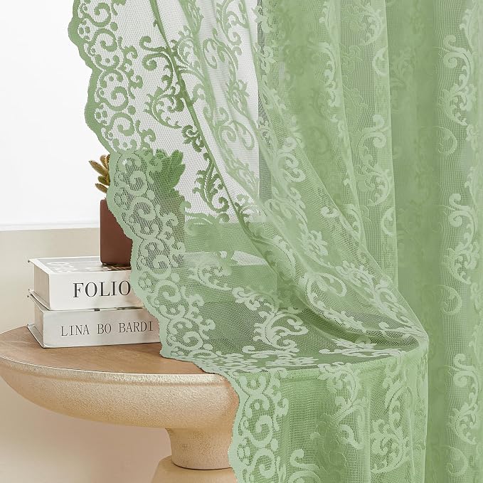FOLKSIDE Sage Green Lace Curtains 63 Inch Length 2 Panels Paisley Floral Lace by FOLKSIDEHomeDecoration