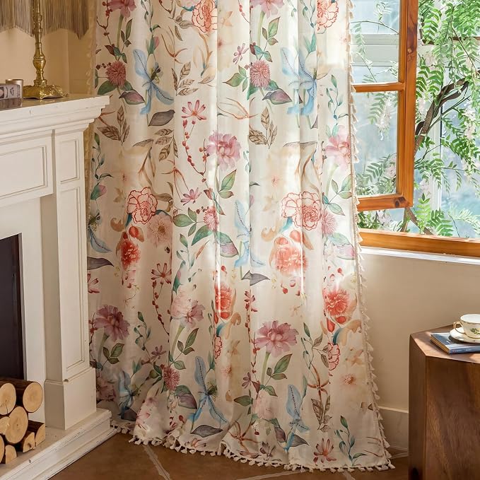Floral Semi Sheer Rod Pocket Living Room 2 Panel Curtains 96 Inches Long | - Image 7