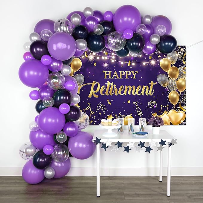 Happy Retirement Backdrop Purple and Gold Happy Retirement Sign Banner Photo - Image 4