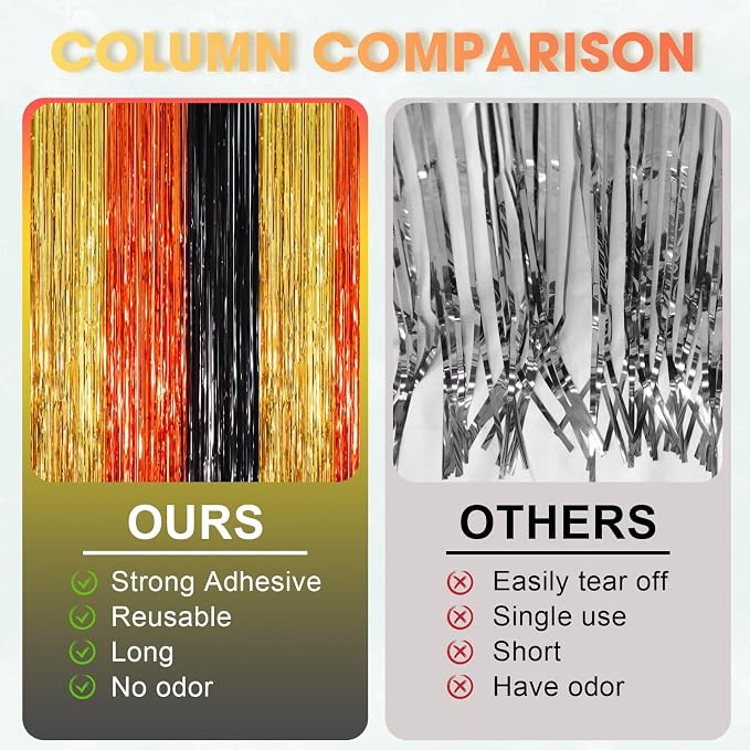 Voircoloria Black Gold Orange Fringe Backdrop Curtains, 3 Pack | Tinsel - Image 3