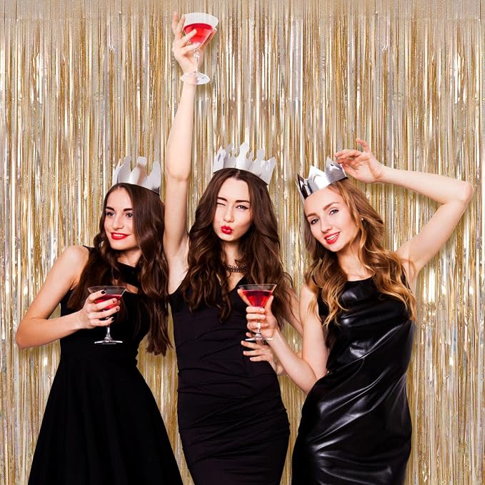 Champagne Tinsel Foil Fringe Curtain, 2 Pack 3.3 x 8.2 Ft Metallic Glitter - Image 6