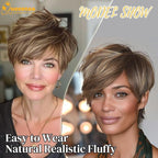 QUEENTAS Short Hair Toppers for Women with Thinning Hair Large Full Coverage with 5 Clips Hair Pieces Wispy Bangs(Brown Highlight Blonde)