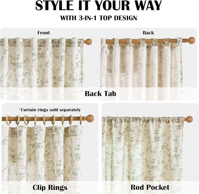 Green Vintage Floral Linen Curtains Farmhouse 38W X 63L 2 Panels | Elisa Series - Image 4