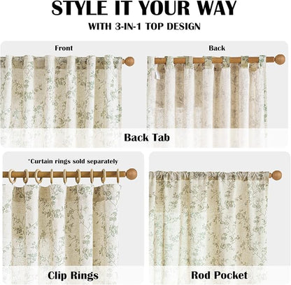 Green Vintage Floral Linen Curtains Farmhouse 38W X 63L 2 Panels | Elisa Series - Image 4