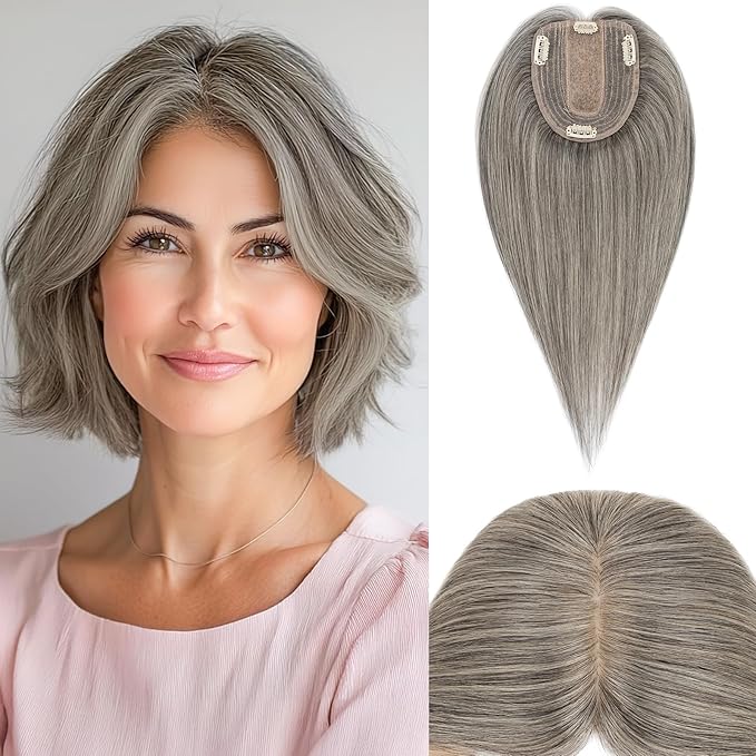 Rich Choices Hair Toppers for Women Real Human Hair 100% Human Remy Toppers NO Bangs for Women with Thinning on Top Clip in Hairpiece 4"x4.7"Lace Base 16 Inch Salt and Pepper G2 Sliver