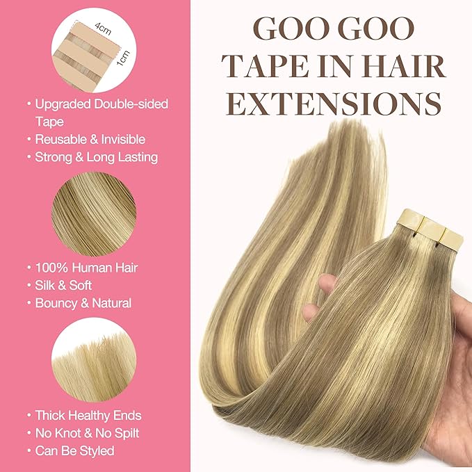 GOO GOO Tape in Hair Extensions Human Hair, 16/22 Light Blonde Highlighted Golden Blonde, 26inch 60g 20pcs, Skin Weft Seamless Invisible, Silky Straight with Thick Ends, Remy Human Hair