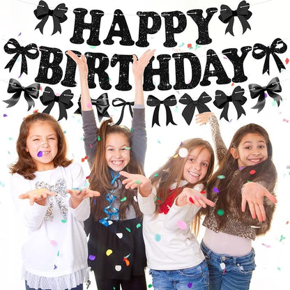 Glitter Black Bow Happy Birthday Banner Pre-Strung Coquette Birthday - Image 8