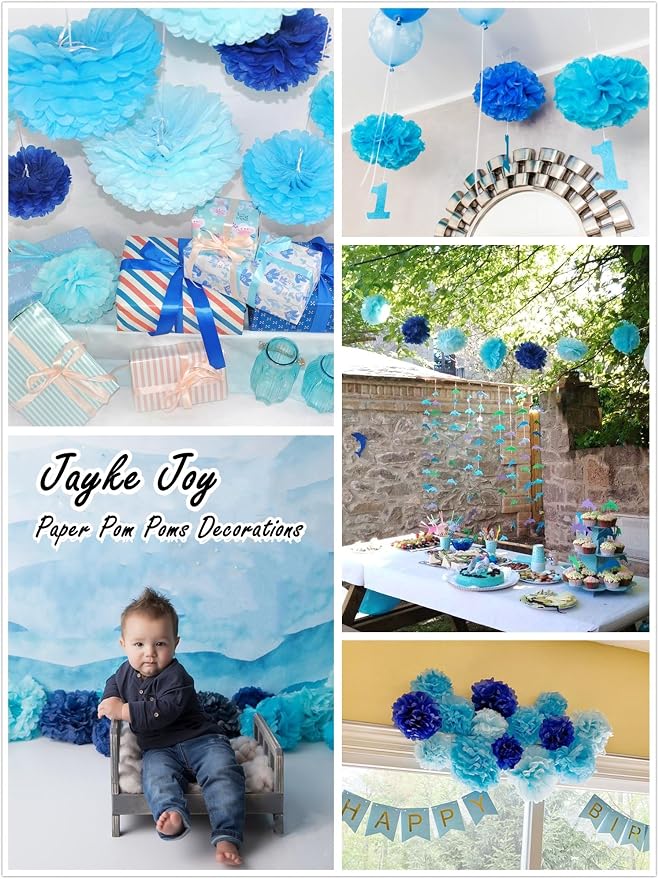 12pcs Blue Paper Pom Poms Set for Party Decor - Image 5