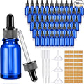 Lallisa 100 Pack Essential Oil Dropper Bottle 15 ml (1/2 Oz) Glass Dropper Bottles DIY for DIY Essential Oil Perfume with 5 Funnels 5 Pipettes 3ml 100 Labels for Bathrooms, Hotels, Labs (Blue)