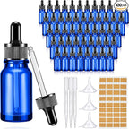 Lallisa 100 Pack Essential Oil Dropper Bottle 15 ml (1/2 Oz) Glass Dropper Bottles DIY for DIY Essential Oil Perfume with 5 Funnels 5 Pipettes 3ml 100 Labels for Bathrooms, Hotels, Labs (Blue)