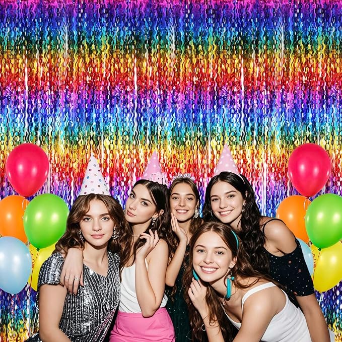 2 Pack Colorful Wavy Foil Fringe Curtain Backdrop, 3.3 X 6.6 Ft Rainbow Wavy - Image 7