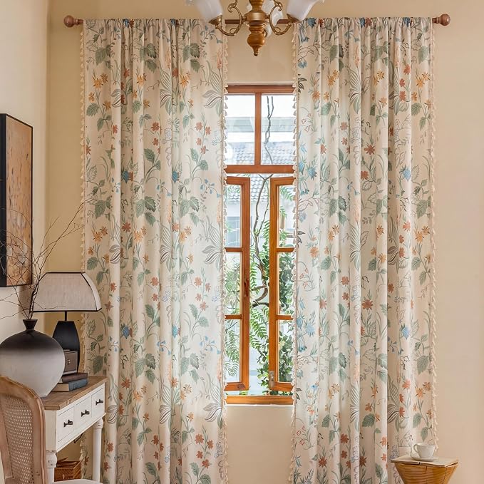 Bedroom Floral Rod Pocket Semi Sheer Curtains 84 Inch Length 2 Panels Set | - Image 4