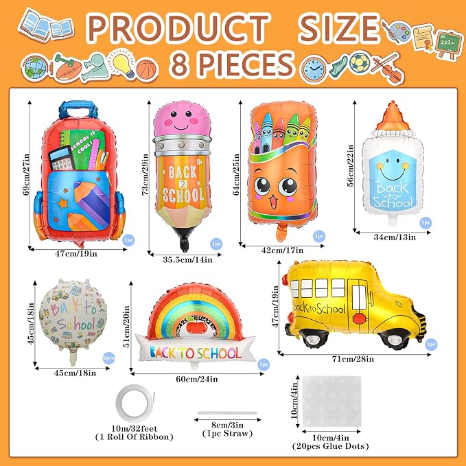 8 Pcs Back To School Foil Balloons Colorful School Bus Pencil Schoolbag Crayon - Image 2