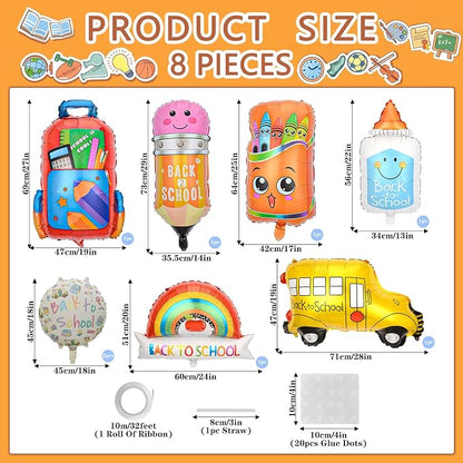 8 Pcs Back To School Foil Balloons Colorful School Bus Pencil Schoolbag Crayon - Image 2