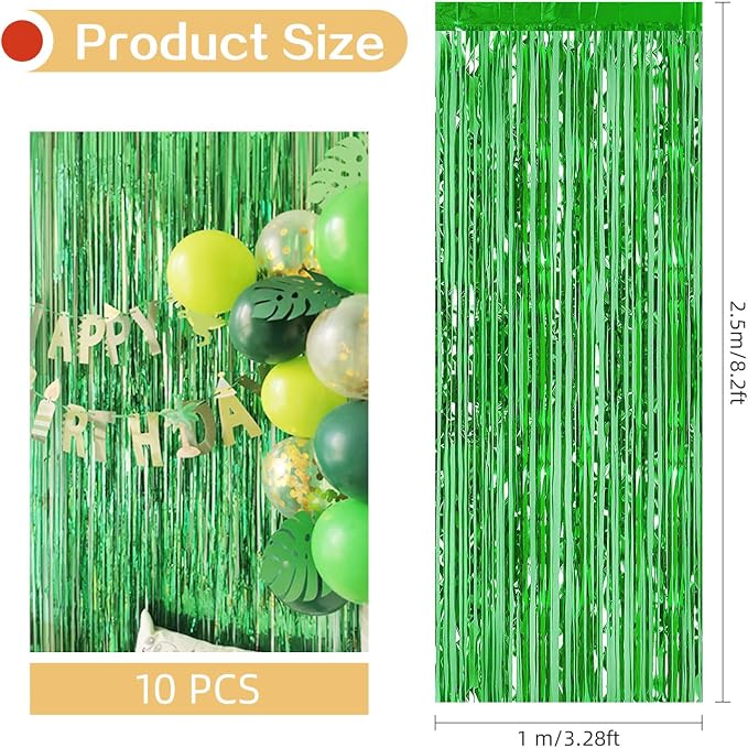 10 Pack Green Backdrop Curtain 3.2ft x 8.2ft Metallic Tinsel Foil Fringe - Image 3