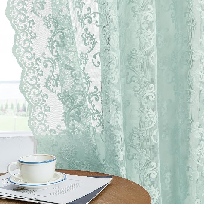 FOLKSIDE Pastel Turquoise Lace Curtains 63 Inch Length Western Paisley Aqua - Image 4