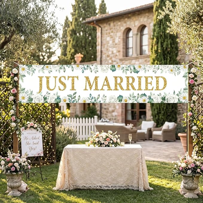 Just Married Wedding Decor Banner Decorations Party Hanging Sign | Reusable - Image 3