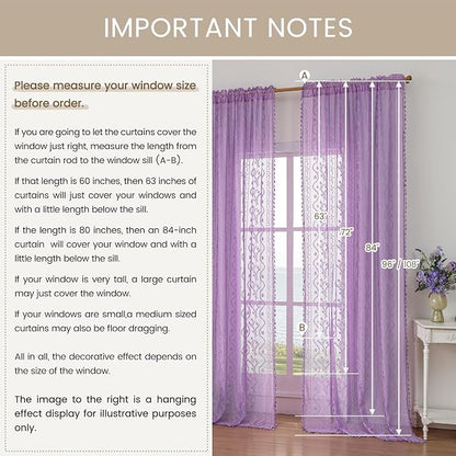 WAZZIO Boho Lace Curtains 84 Inch 2 Panels -Sheer Panel Drape Floral Pattern & - Image 8