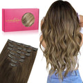 WENNALIFE Seamless Clip In Hair Extensions, 22 Inch 7pcs 150g Ombre Walnut Brown to Ash Brown and Bleach Blonde, Invisible PU Weft Natural Real Human Hair Extensions