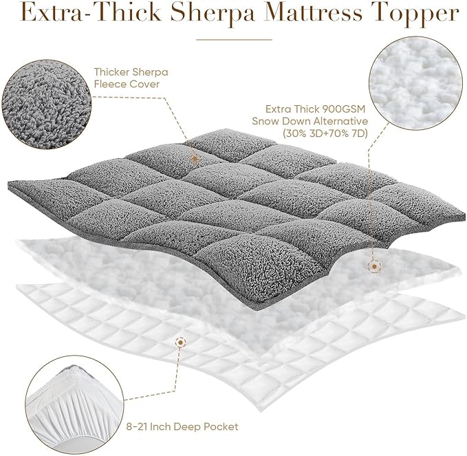 Cymula California King Mattress Topper, Sherpa Mattress Pad for Cal King Bed with 900GSM Down for Back Pain Extra Thick Mattress Cover Pillow Top with 8-21" Pockets, Grey