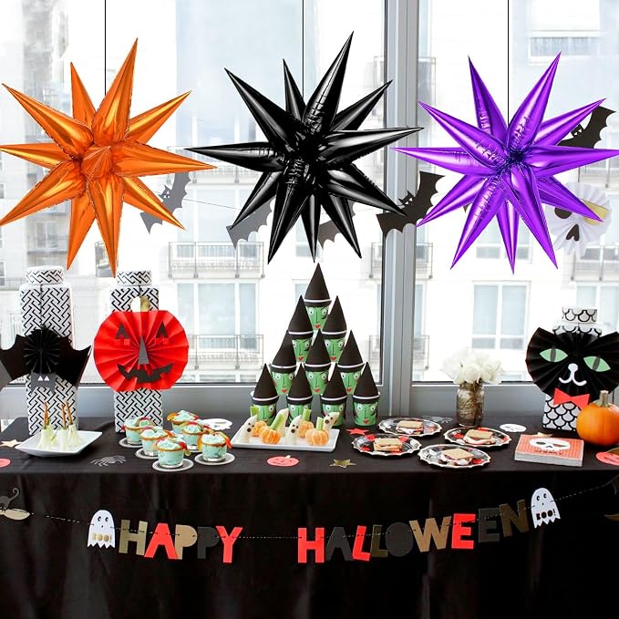 Purple and Black Orange Star Balloons, Metallic Cone Mylar Spike Balloons - Image 4