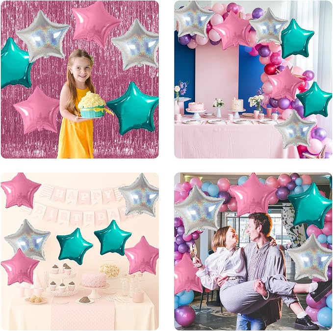 Pink and Teal Blue Star Foil Balloons, 18 Inch Metallic Turquoise Stars - Image 8