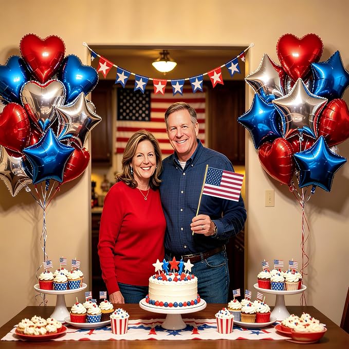 TONIFUL 18 Inch Blue Silver Red Star and Heart Foil Balloons - Image 5